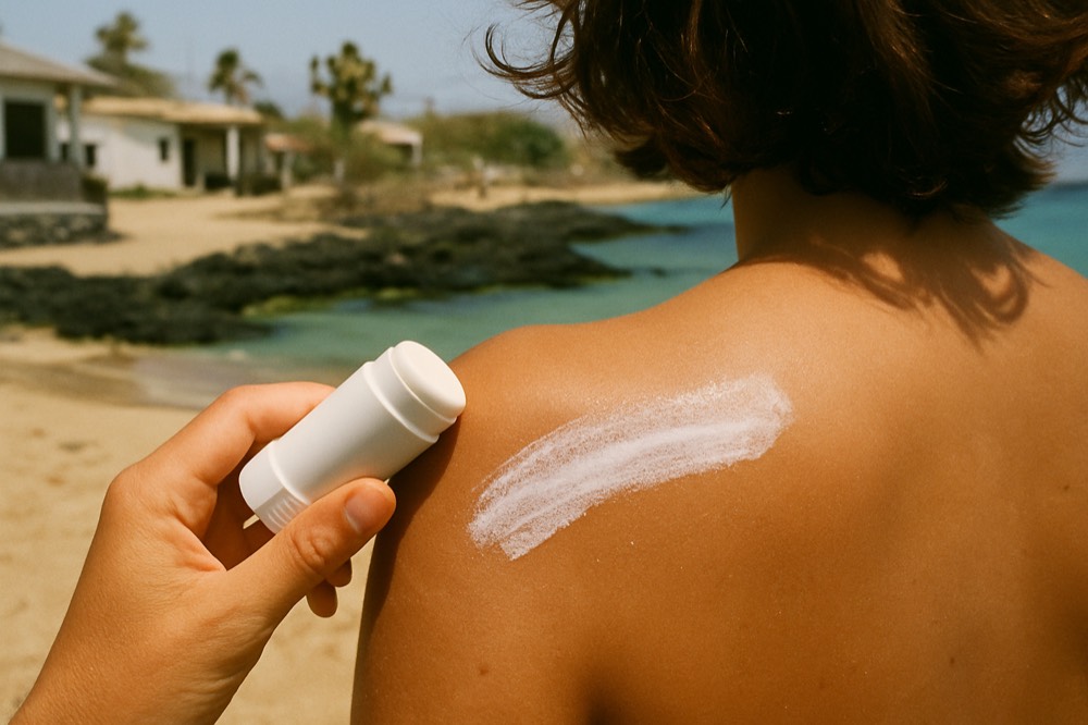 Close-up of a mineral sunscreen stick being applied to a shoulder before snorkelling