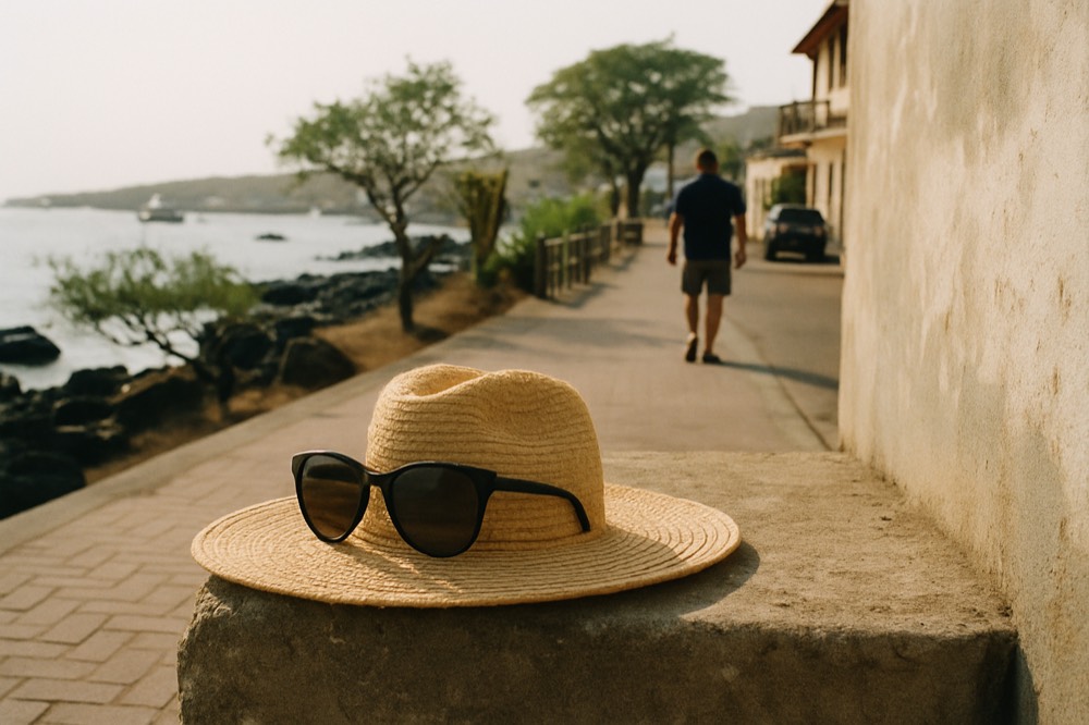 Wide-brimmed hat and sunglasses resting on a bench beside a shaded walkway