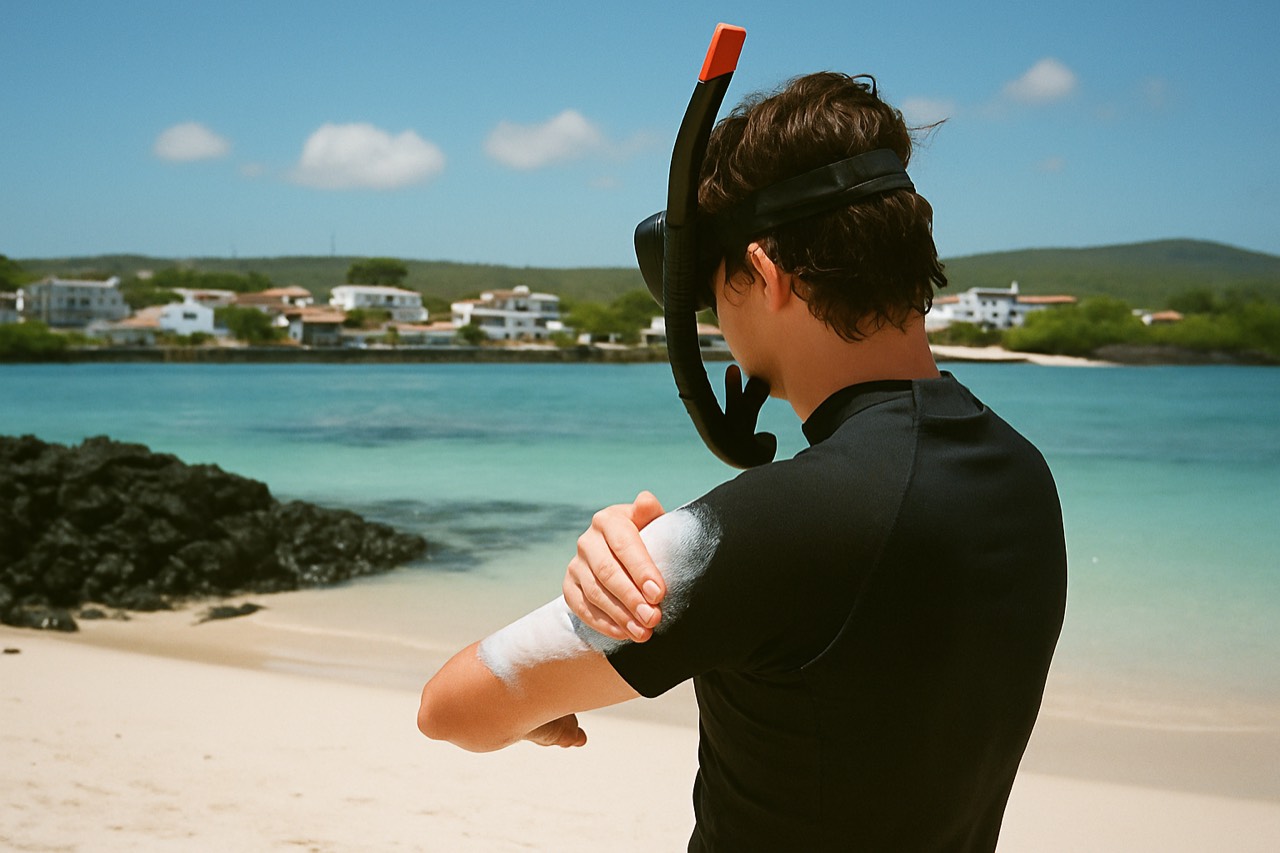 Snorkeler applying mineral sunscreen on a white sand beach beside turquoise water