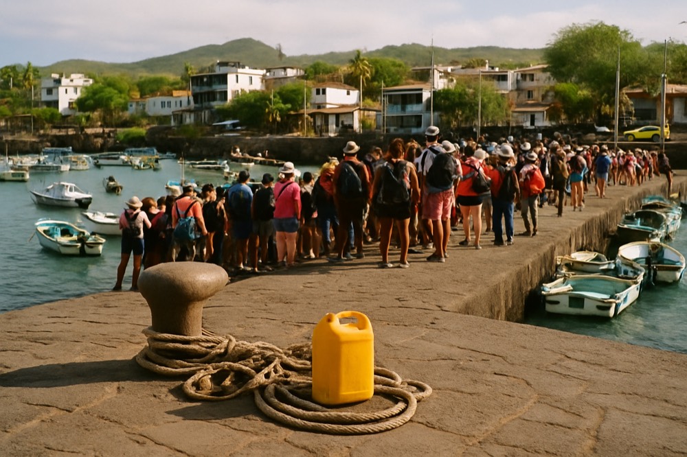 A busy dock in a Galapagos town with small boats and passengers waiting to board