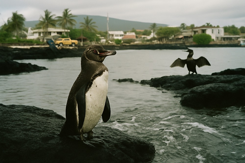 A Galapagos penguin standing on dark lava rocks near the water's edge