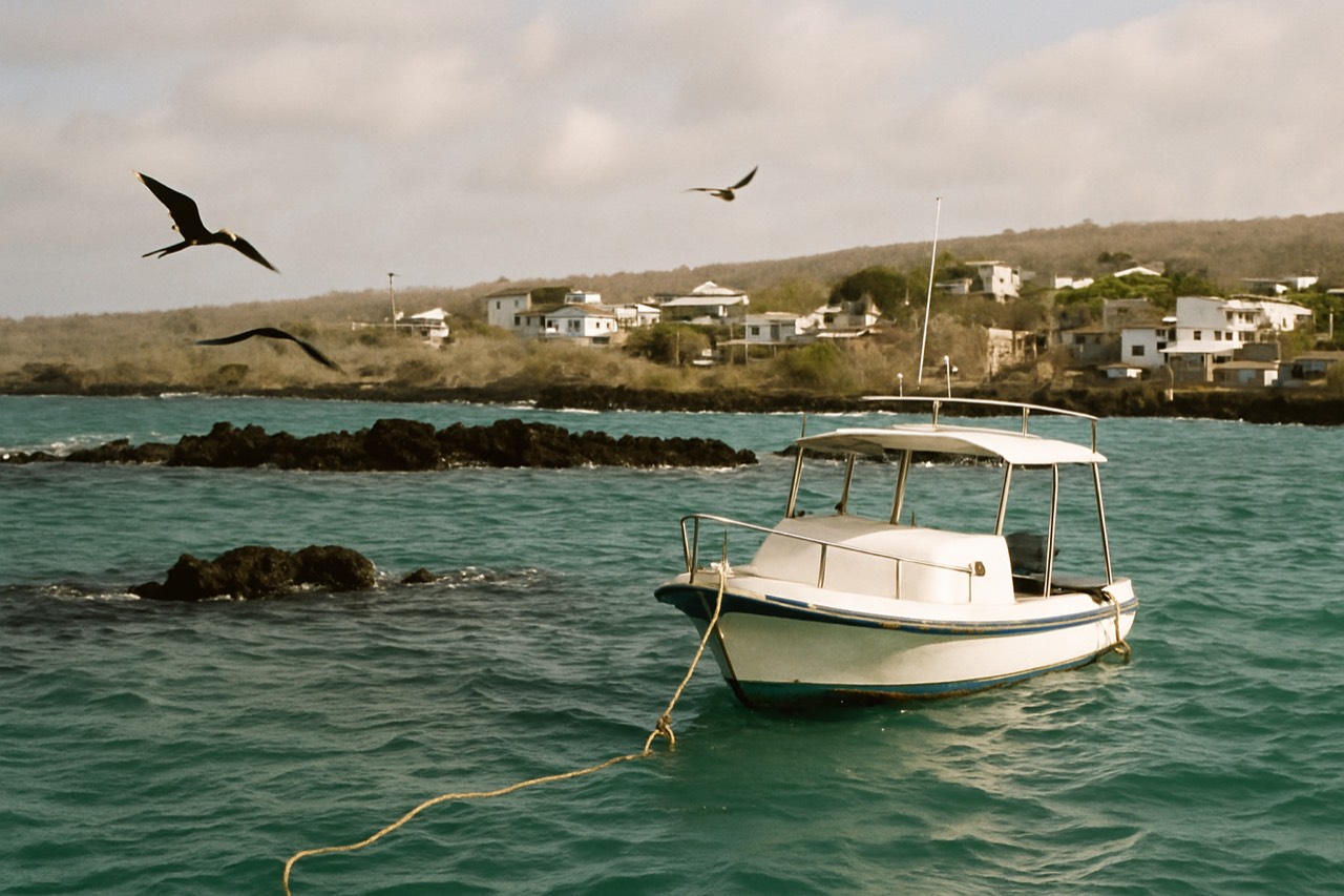 Turquoise bay in the Galapagos Islands with a small boat anchored near dark volcanic rocks