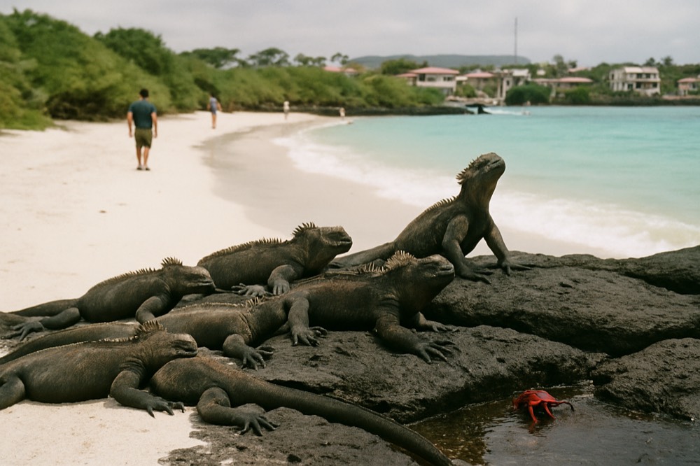 A white sand beach with marine iguanas resting on lava rock beside turquoise water