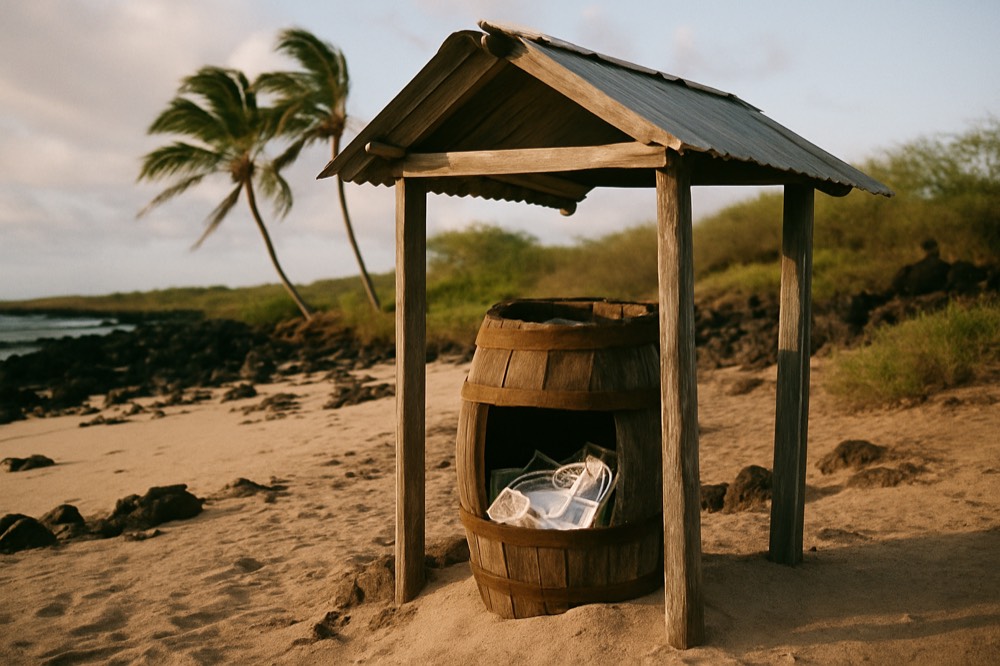 A quiet volcanic beach with a small wooden barrel post office shelter under palms