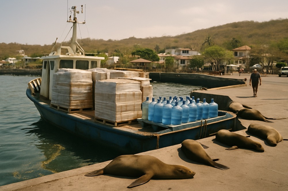 A dockside supply boat loaded with crates beside a small Galapagos town