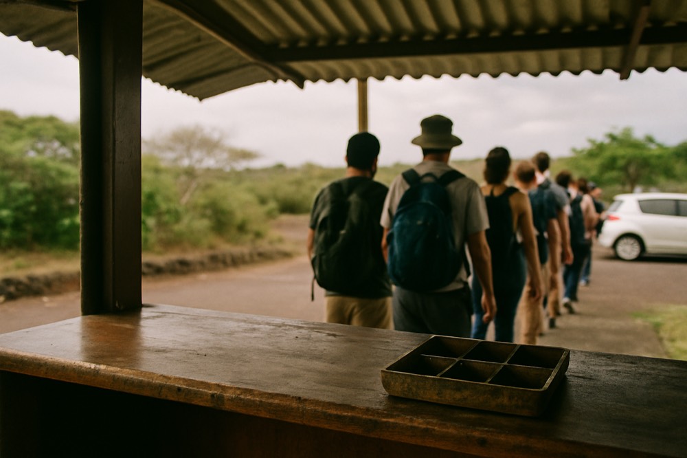A park ranger desk at a small island airport where visitors pay their entrance fee