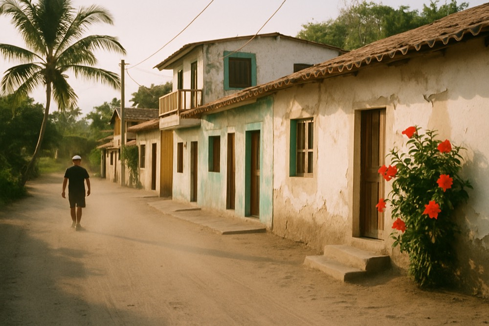A coastal town street with small hotels and tour offices along the waterfront