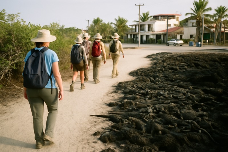 A small guided group walking a marked lava trail past a colony of marine iguanas in the Galapagos Islands, Ecuador