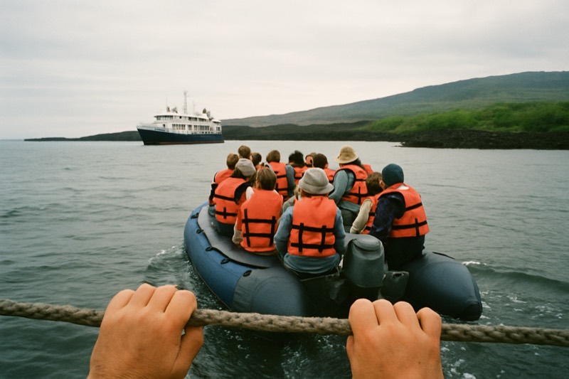 A rigid inflatable panga ferrying passengers from a small expedition ship anchored in a sheltered bay in the Galapagos Islands, Ecuador