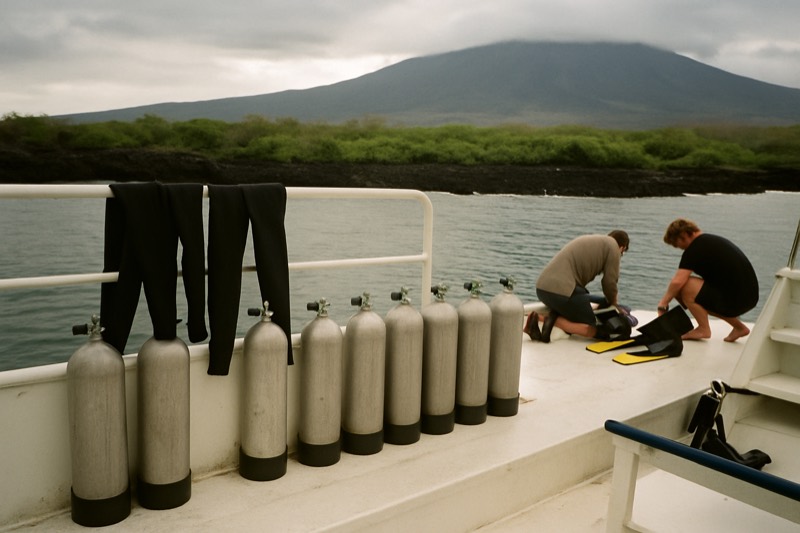 Divers in wetsuits with tanks and fins on the dive deck of a small boat off a rocky islet in the Galapagos Islands, Ecuador