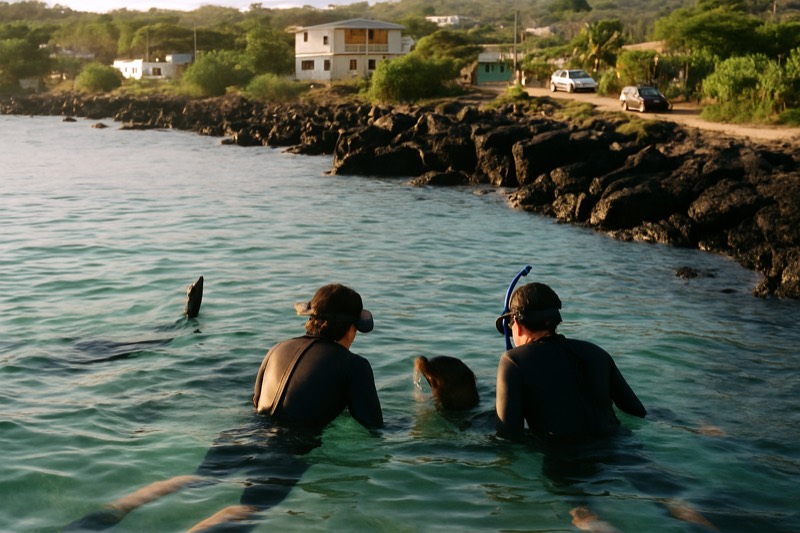 Snorkellers in wetsuits swimming above a sea lion in shallow turquoise water off a rocky shore in the Galapagos Islands, Ecuador
