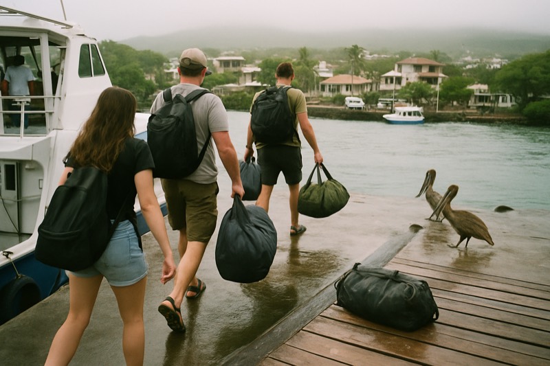 Travellers with duffel bags stepping off an inter-island ferry at Puerto Ayora after the flight from mainland Ecuador