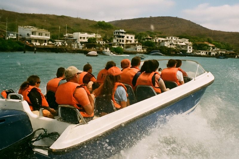 Day-trippers in life jackets aboard a fast open speedboat crossing between inhabited islands in the Galapagos Islands, Ecuador