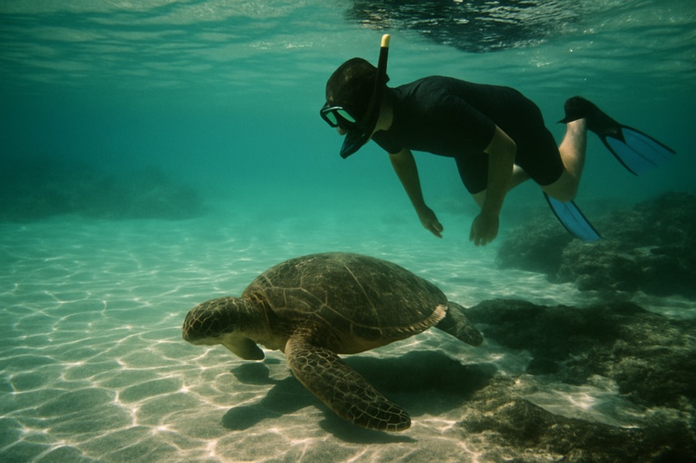 Snorkeler floating above a sea turtle in clear shallow water