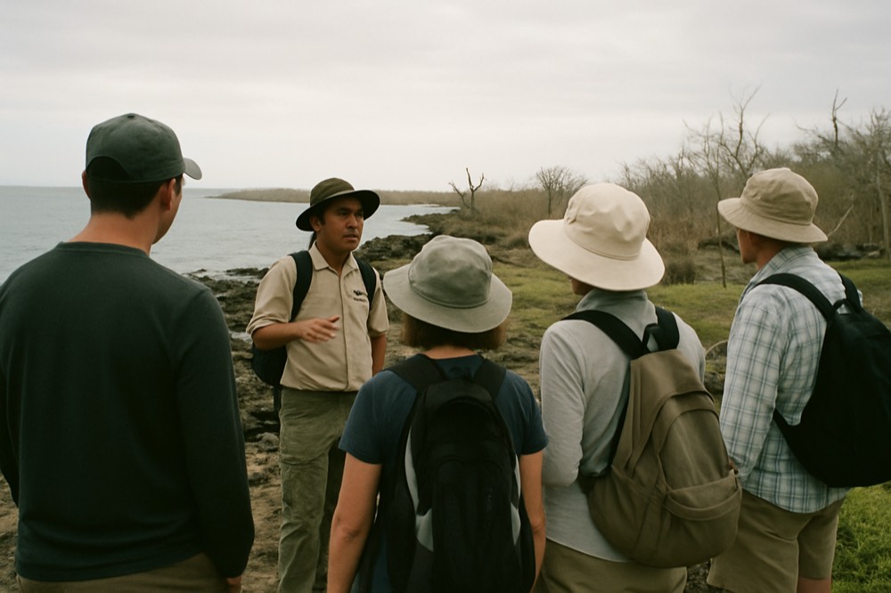 Naturalist guide speaking to a small group on a rocky shoreline