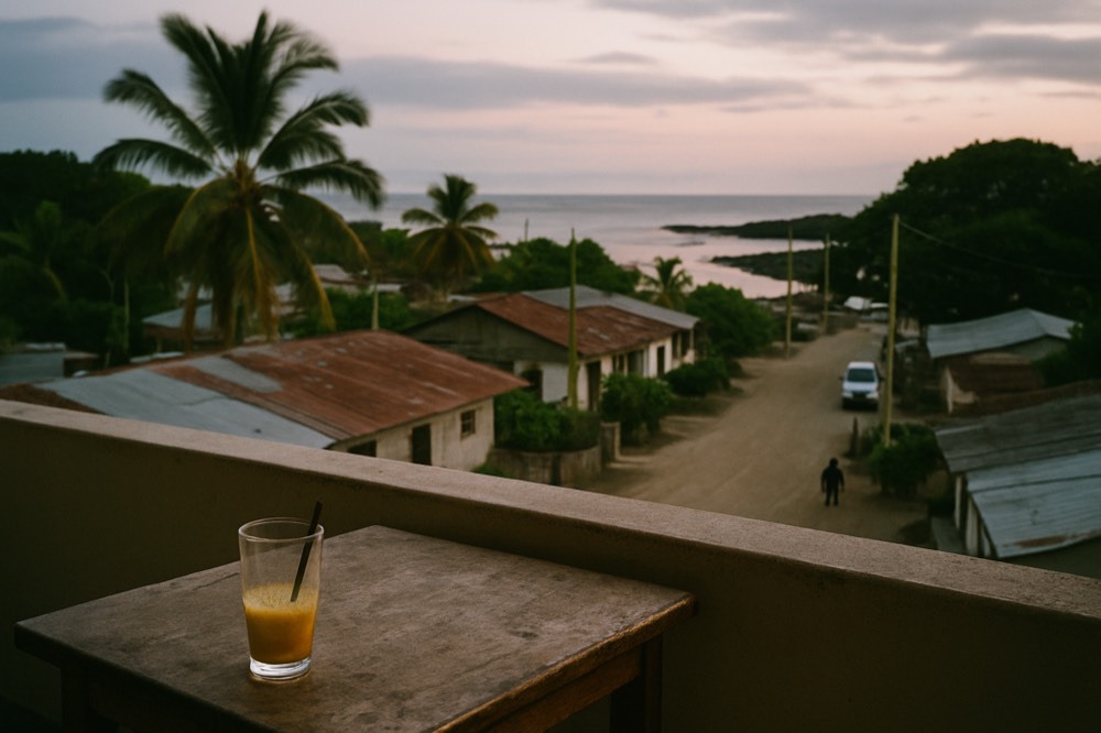 Hotel terrace overlooking a small harbour town at dusk