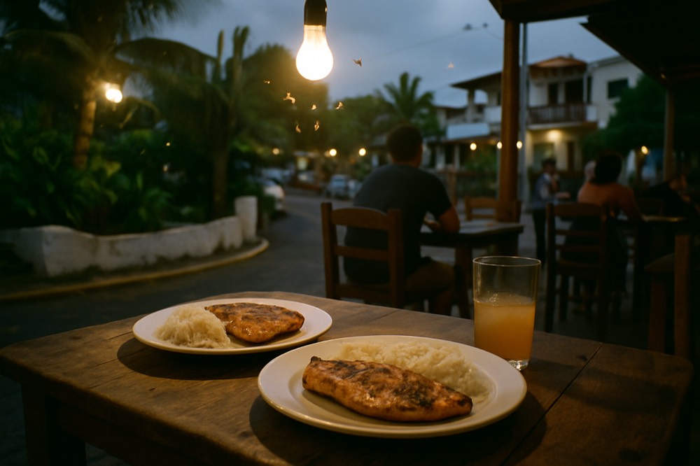 Fresh seafood plates set on an outdoor restaurant table