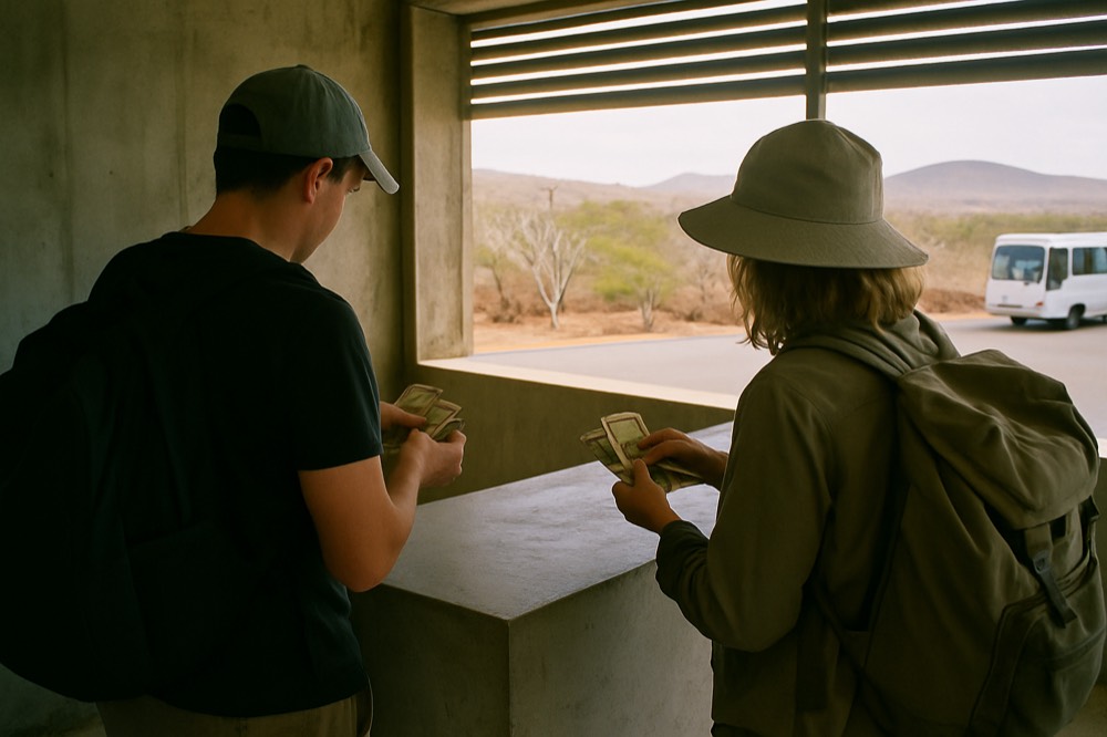 Travellers counting US dollar bills at an airport counter