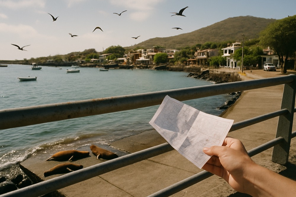 Traveller reading a paper itinerary at a harbour railing