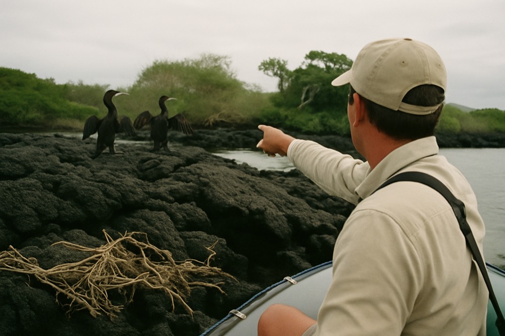 A naturalist guide pointing at wildlife from a small boat beside a rocky Galapagos shoreline