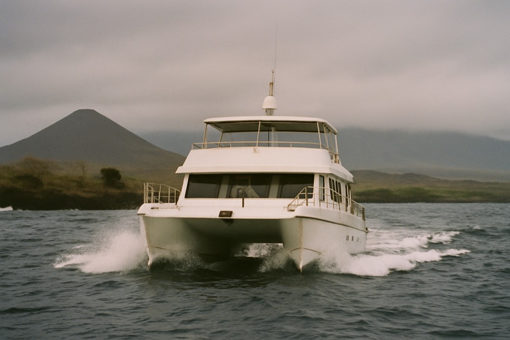 An expedition catamaran crossing open water between volcanic Galapagos islands