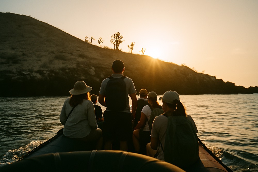 A cruise ship dinghy carrying passengers toward a volcanic shoreline at golden hour