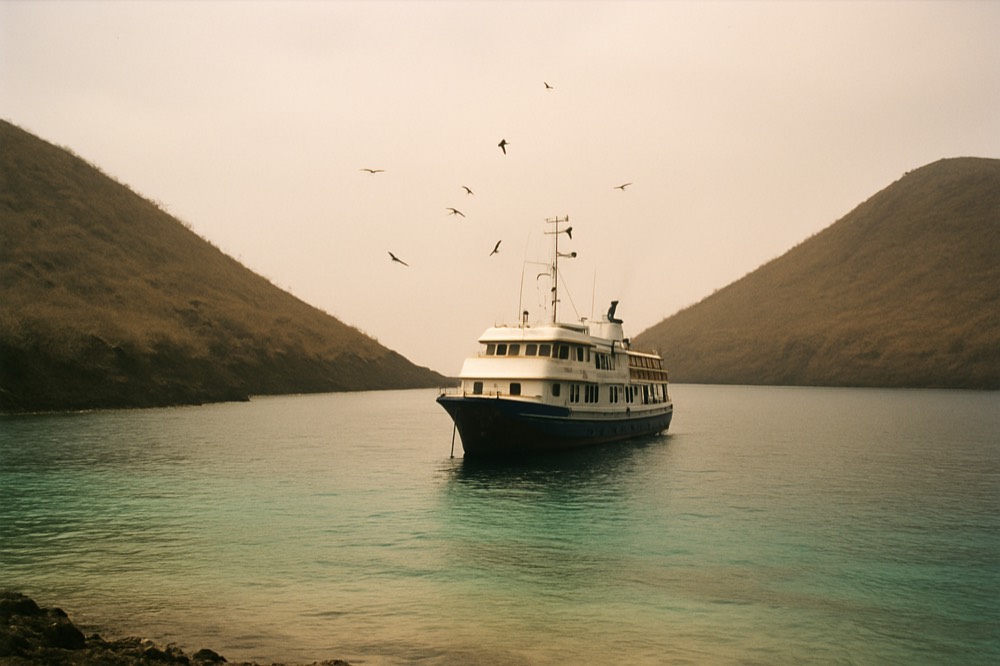 A small cruise ship at anchor in a quiet cove between two volcanic islands