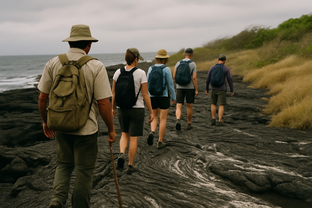 A naturalist guide leading a small group along a lava shoreline under a cloudy sky