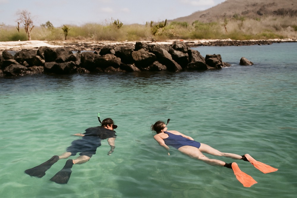 Snorkellers in clear shallow water above a rocky reef near a volcanic shore