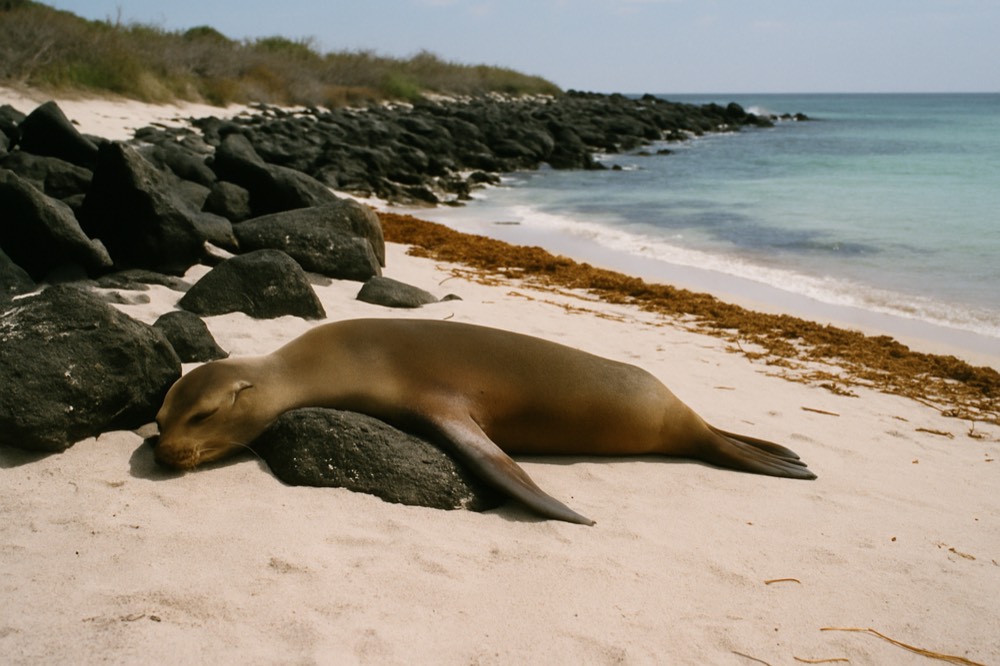 A sea lion resting on a white sand beach near dark volcanic rocks
