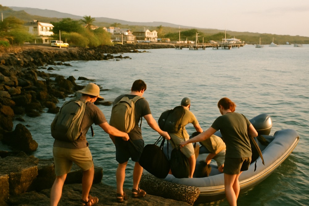 A group of travellers boarding a small boat from a rocky landing at golden hour