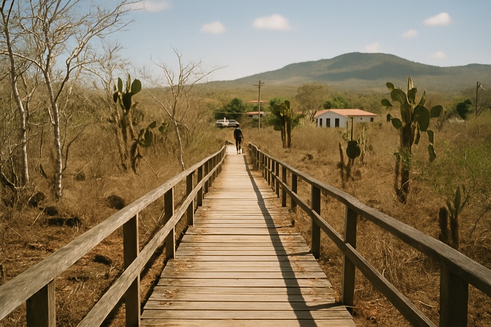 A wooden walkway leading through arid lowland scrub toward distant hills