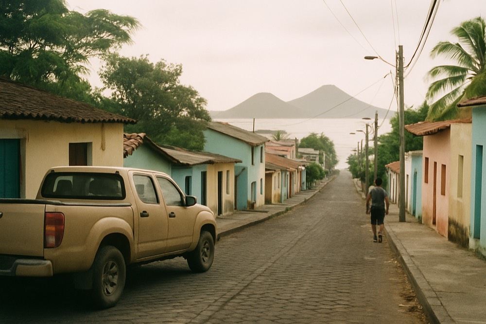 A small town street with low buildings and volcanic rock in the distance