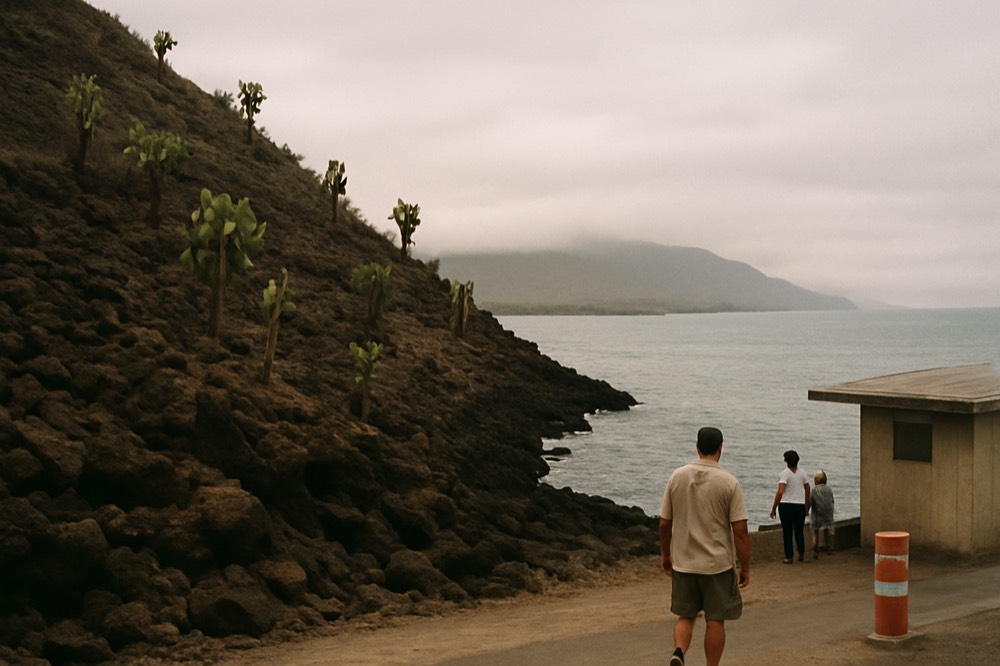 A rugged volcanic slope meeting the sea under low cloud