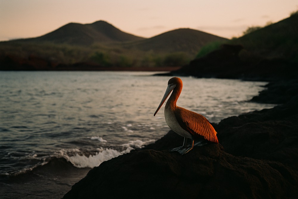 A seabird standing on dark lava rock near the water's edge