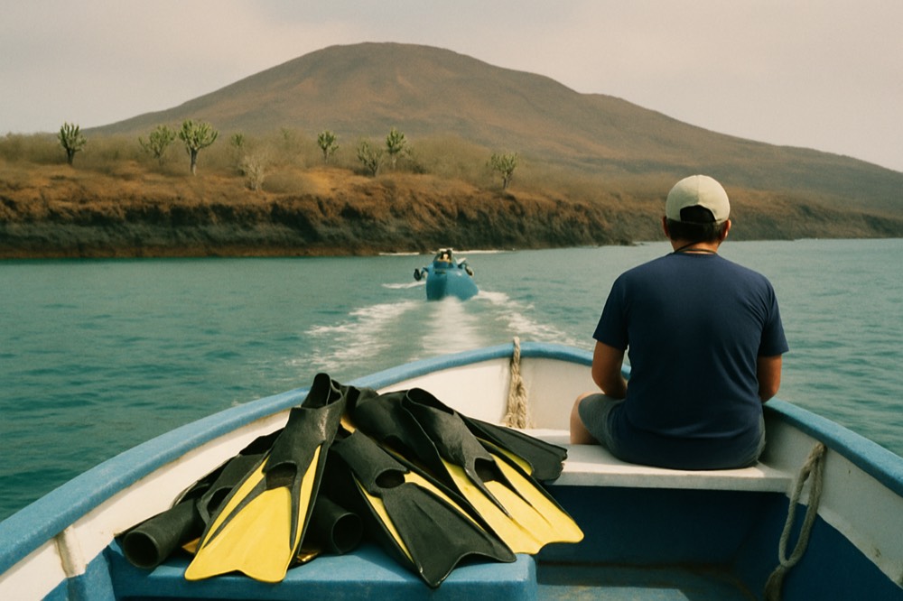 A small boat crossing calm turquoise water toward a volcanic shoreline