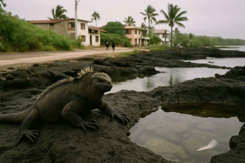 A marine iguana resting on wet black lava rock beside a clear tidal pool