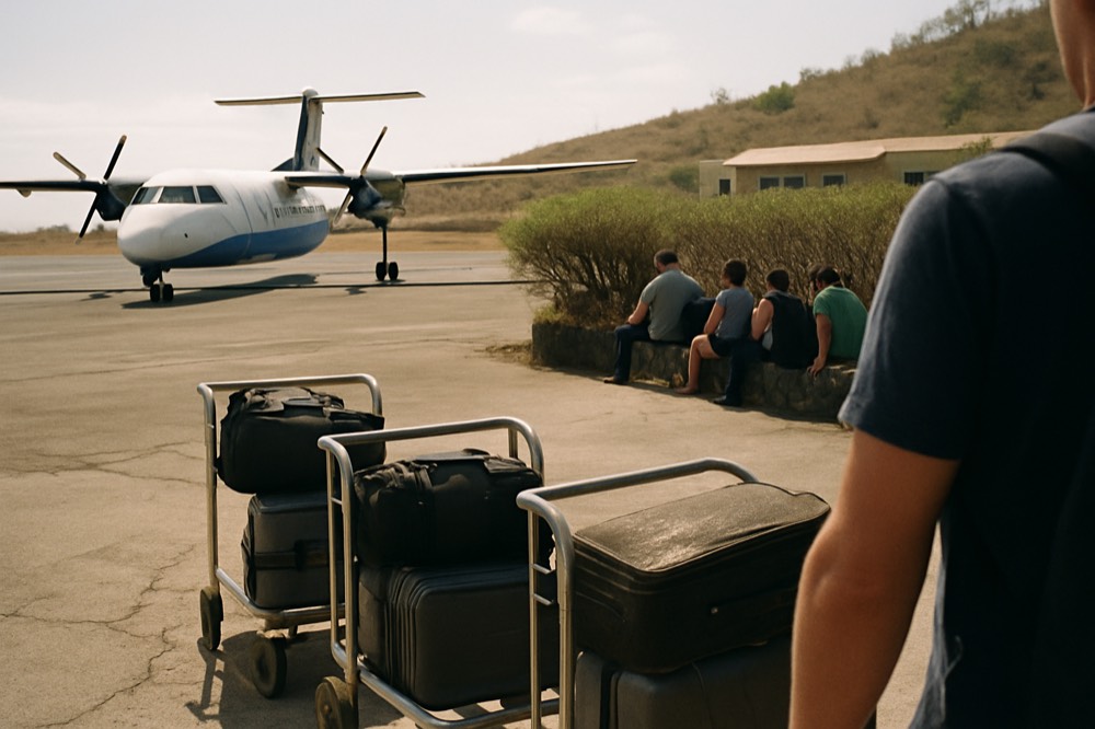 Small aircraft parked on a tropical island airstrip with passengers waiting in shade