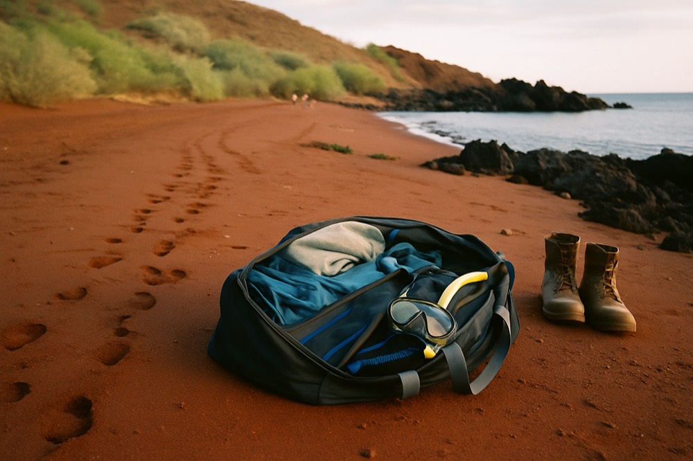 Open suitcase with folded layers, hiking boots and snorkel gear on a wooden floor