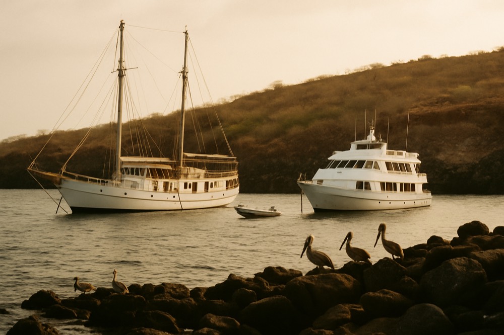 Anchored expedition boats moored in a sheltered cove with rocky shoreline