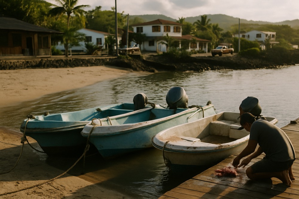 A quiet dock at an island port with small boats tied up in late afternoon light