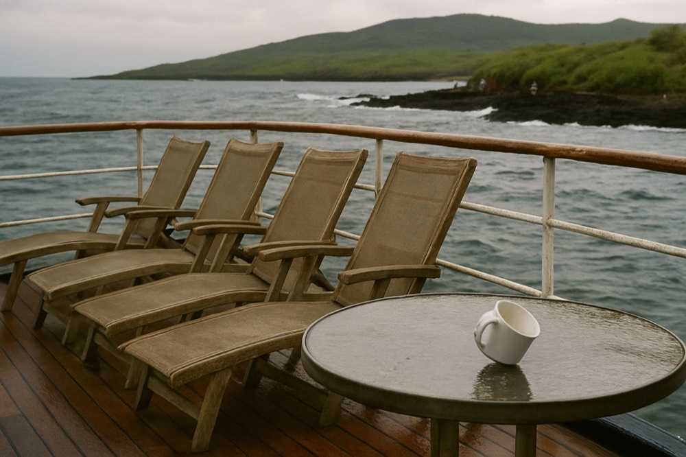 The deck of a small ship with railings and lounge chairs facing open water
