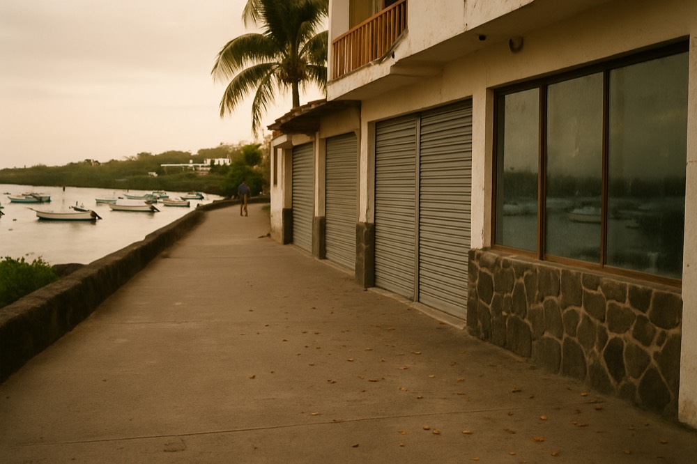 A seaside street in a Galapagos town with tour agency storefronts and fishing boats