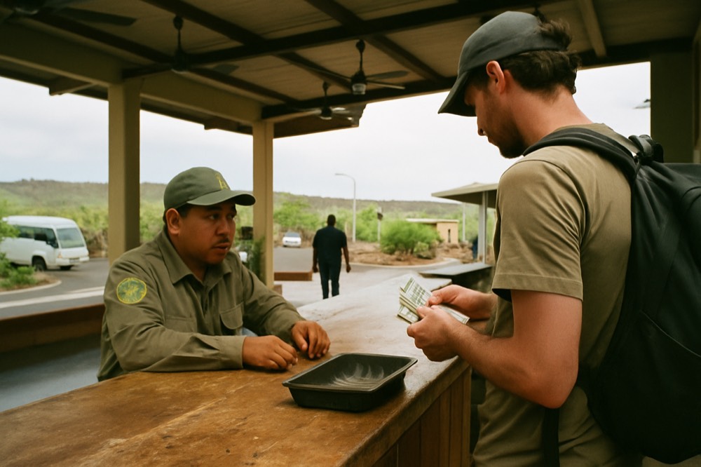 A park ranger checkpoint counter at an island airport arrival hall