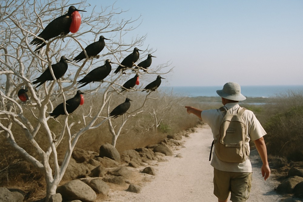 A naturalist guide pointing toward wildlife on a rocky shoreline trail
