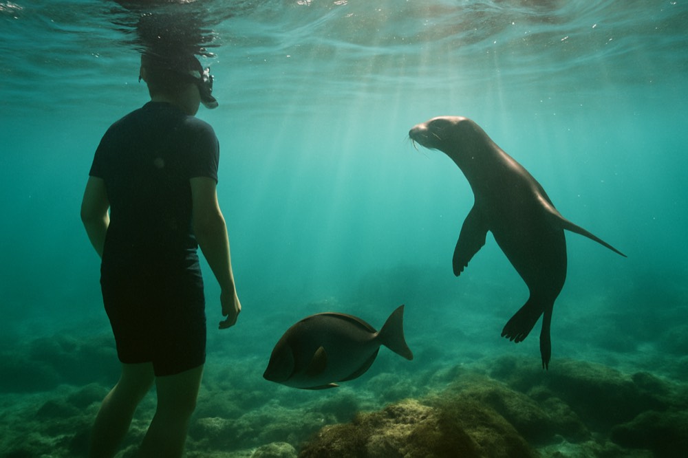 Snorkeler in clear water beside a Galapagos reef fish and sea lion