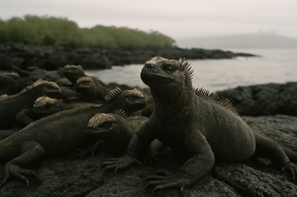 Marine iguanas resting on dark lava rock near the sea