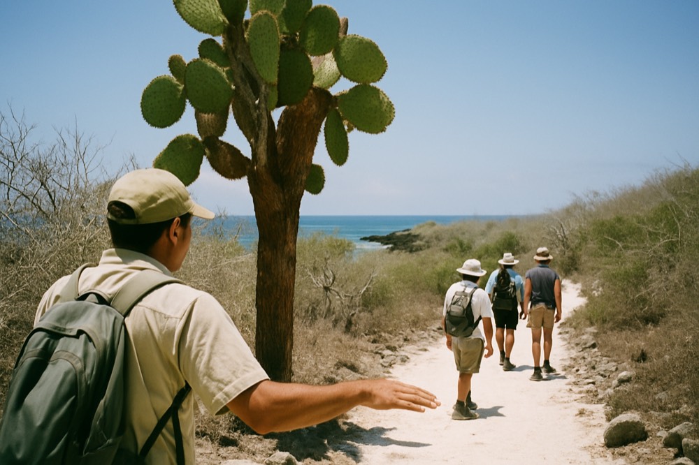 Naturalist guide speaking to a small group on a coastal trail