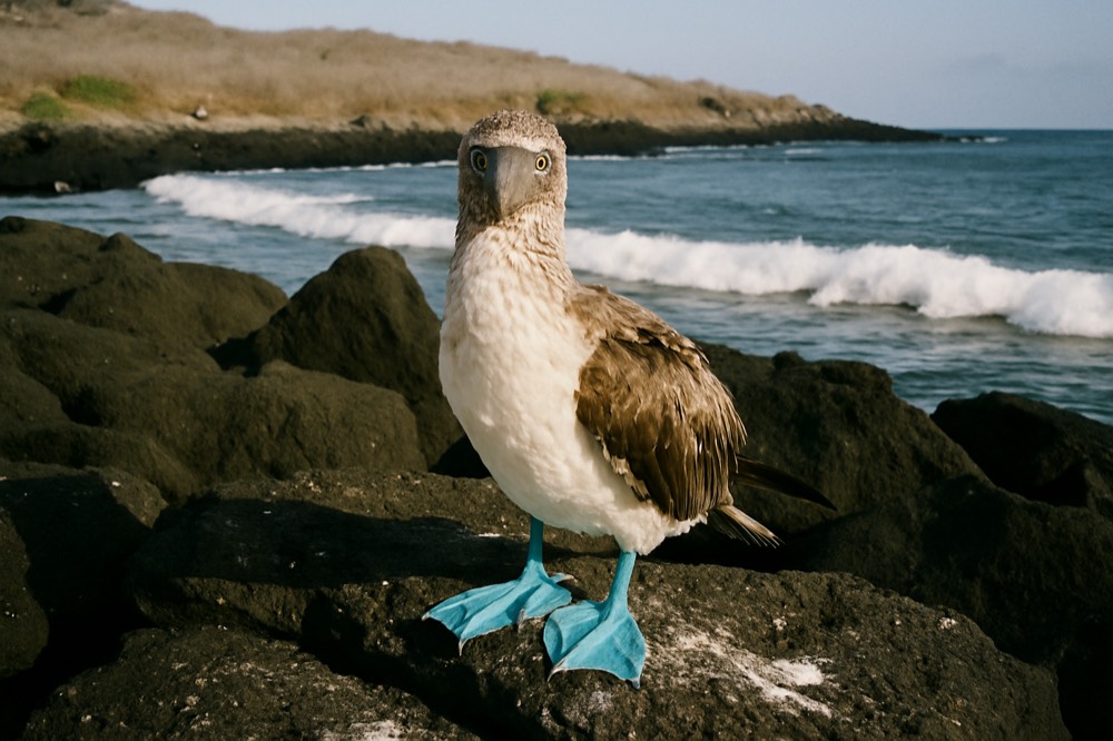 Blue-footed booby standing on lava rock near the shoreline
