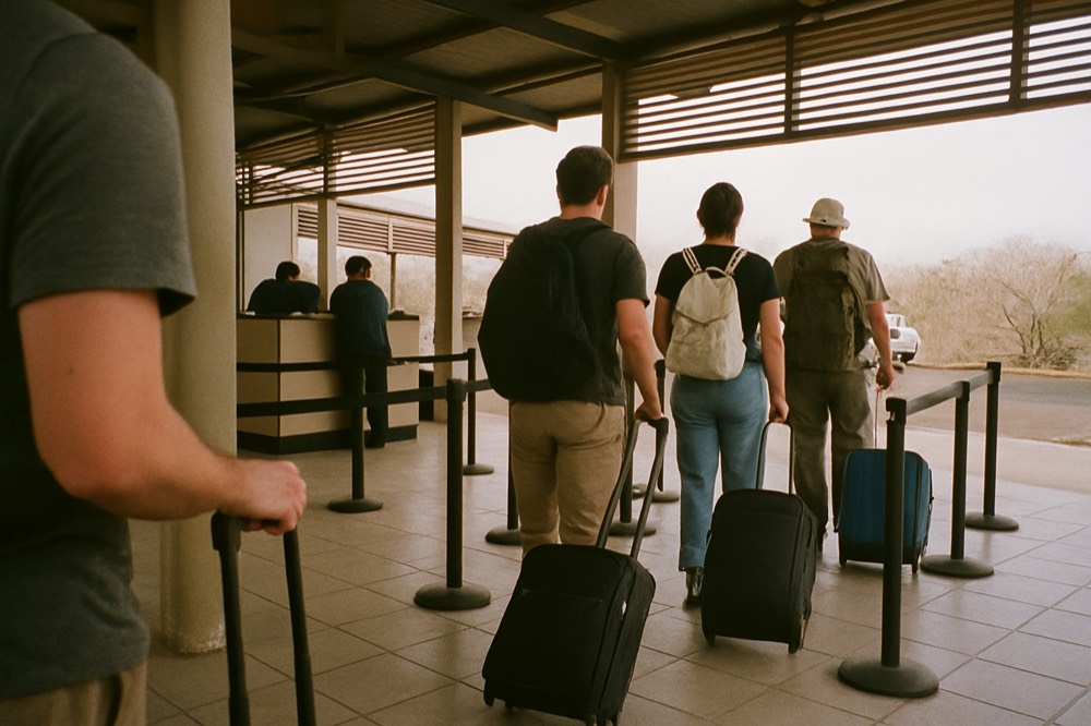 Airport transit counter with travellers queueing with luggage